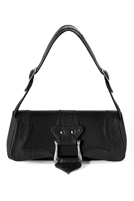 Satin black women's dress handbag, matching pumps and belts. Top view - Florence KOOIJMAN
